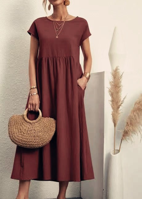 Women Vintage Solid Dress 2023 Summer Elegant O Neck Short Sleeve Cotton Linen D