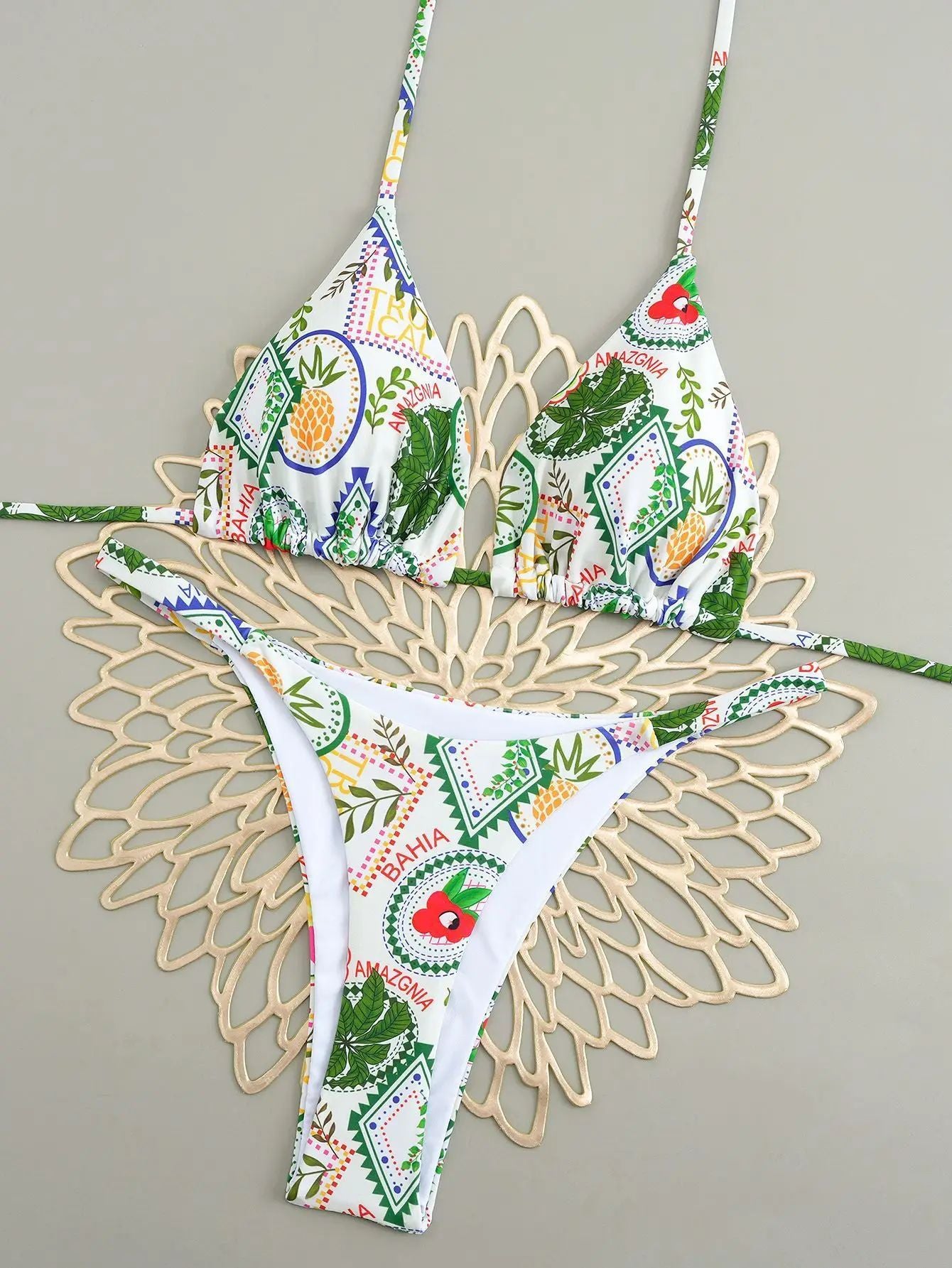 Sexy Cherry Print Triangle Brazilian Bikini Push Up Swimsuit 2 Piece String Bandage Bikinis Swimwear Women Thong Bathing Suit