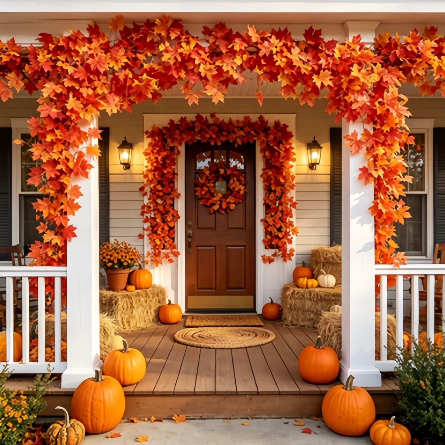 Autumn Faux Maple Leaf Vine Garland with Lights LED Thickened Maple Vine And Durable, Reusable Suitable Thanksgiving, Halloween