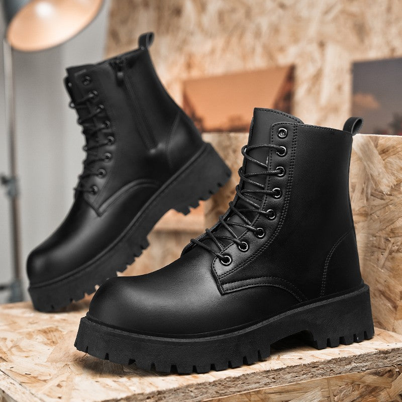Botas casuais de casal, para quatro estações, masculinas e femininas, de cano alto, em couro, fashion, com sola grossa, antiderrapantes, plus size, para uso ao ar livre