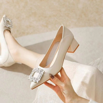 Women's Elegant Black Mid Block Heels Pumps with Crystal Rhinestone Pointed Toe Dress Shoes