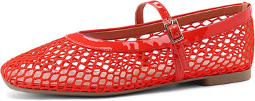 Women‘s Mesh Ballet Flats Comfortable Square Toe Ballerina Flats Buckle Strap Casual Fishnet Flat Shoes