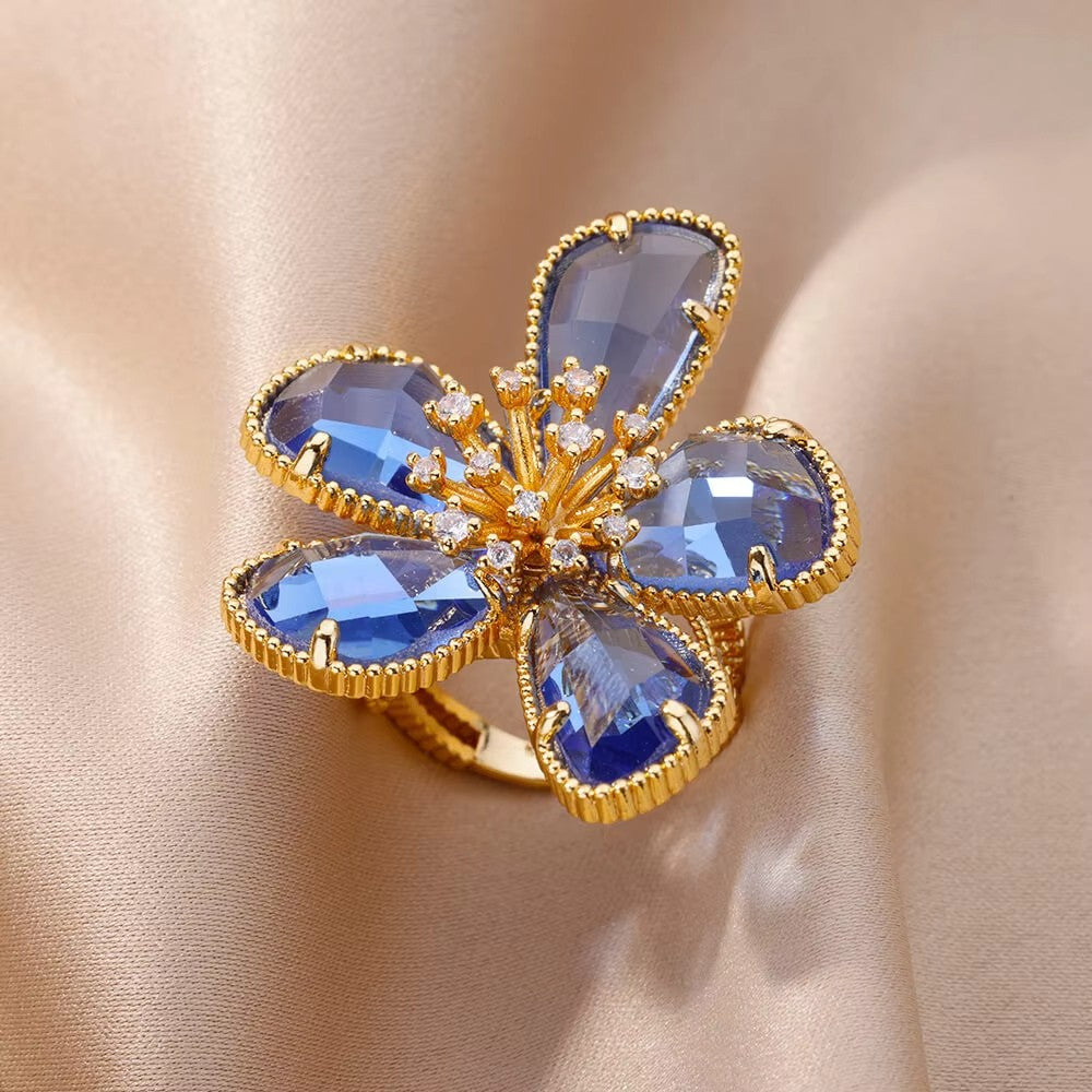 Anéis de Luxo em Aço Inoxidável Banhado a Ouro Pedra Colorida Zircônia Cristal Coração Anel Feminino Casamento Joias Boho Presente de Natal