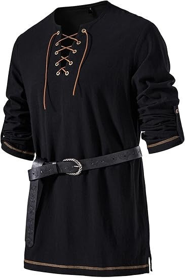 Men's Medieval Lace Up Tunic Shirt Renaissance Viking Pirate Costume Long Sleeve Retro Tops with Belt for Halloween Cosplay
