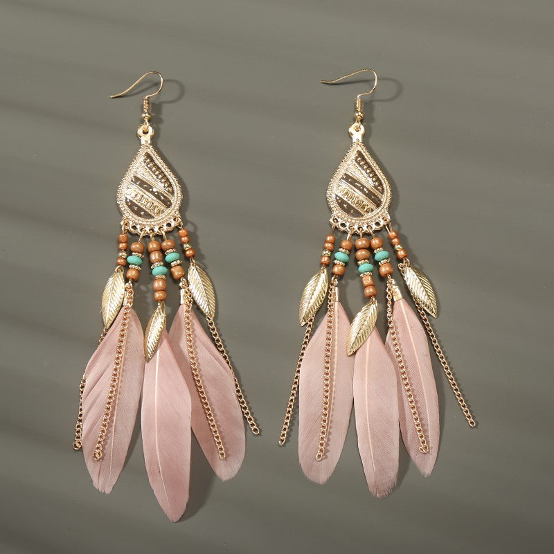 Brincos femininos longos de pena estilo boho, praia, com borla longa, miçangas, flores artesanais esmaltadas, para noiva, casamento, Pendientes Mujer