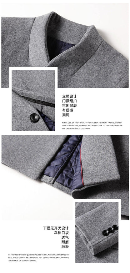High-quality, fashionable, stylish, versatile, for banquets, shopping, trendy business, casual, solid-color men's woolen overcoa