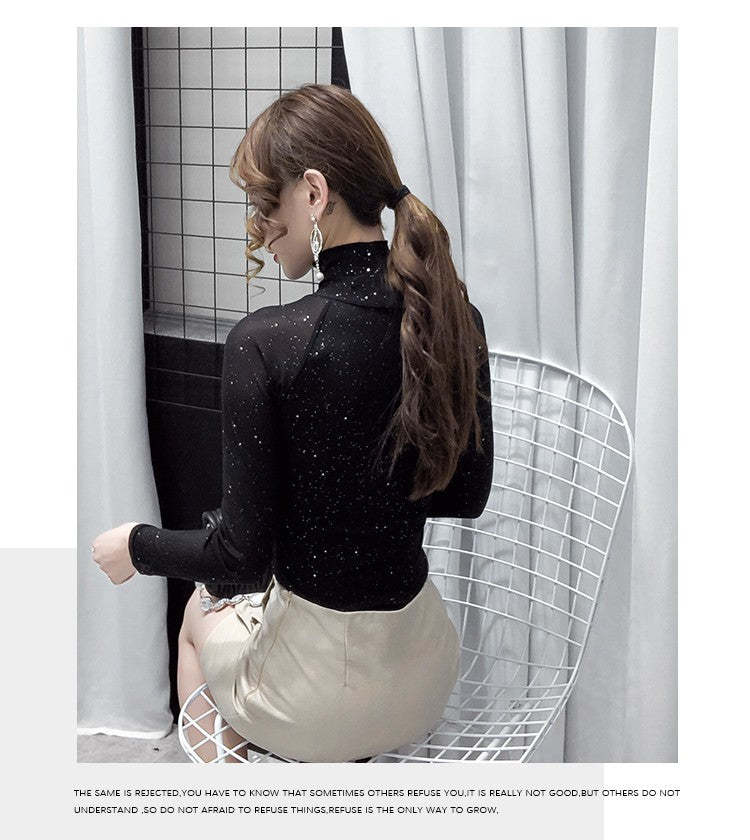 Korean fashion Women Mesh top High neck Sexy Black bottoming t shirt Casual Bright silk Lady shirt Blusa