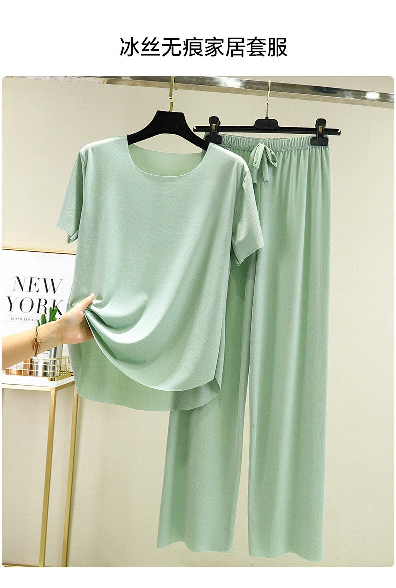 Super Thin Pajamas Suit Women Men Summer Ice Silk Cool Short-sleeved O-Neck Sleepwear Male Female Classic Simple Loungewear Suit