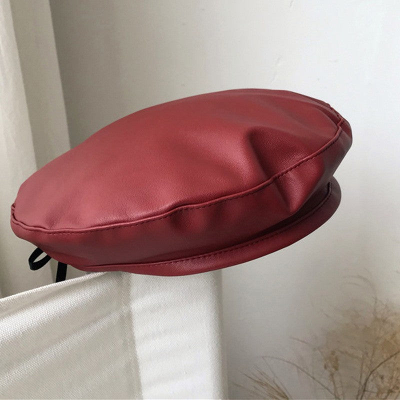 Women Girl Beret Hat French Retro Artist Beanie Hat Elegant Solid Color PU Leather Lady Painter Cap Spring Autumn Lady Berets
