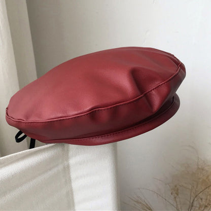 Women Girl Beret Hat French Retro Artist Beanie Hat Elegant Solid Color PU Leather Lady Painter Cap Spring Autumn Lady Berets