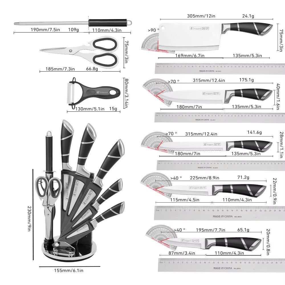 Conjunto de Facas de Cozinha de Aço Inoxidável ZENG Afiadas Revestidas Antiaderentes Facas de Chef com Amolador para Cortar Fatiar Picar e Trocear