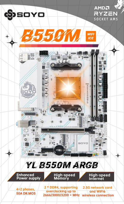 SOYO AMD B550M Gaming Motherboard USB3.1 M.2 Nvme Sata3 DDR4 Dual Channel Supports RYZEN R3 R5 R7 3000 4000 5000 CPU AM4 Socket