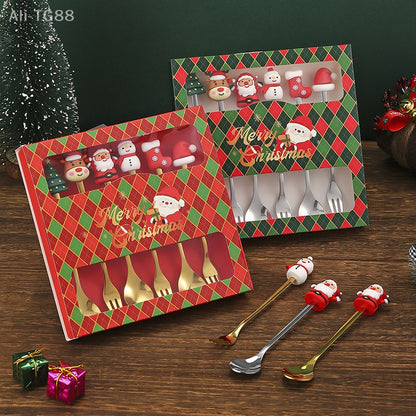 Stainless Steel Christmas Fork And Spoon Set with Gift Box for Coffee Tea Dessert Tableware