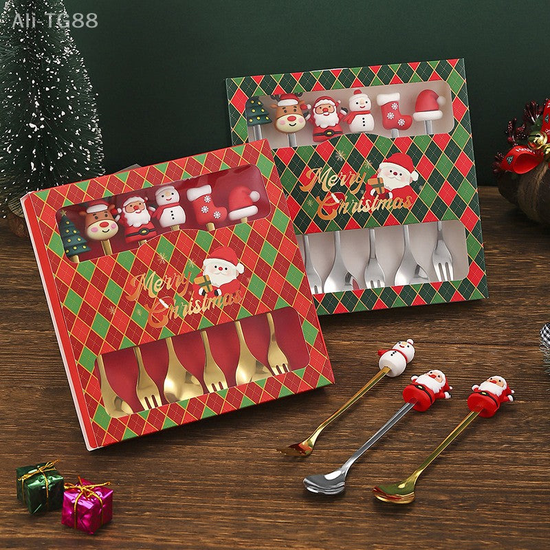 Stainless Steel Christmas Fork And Spoon Set with Gift Box for Coffee Tea Dessert Tableware