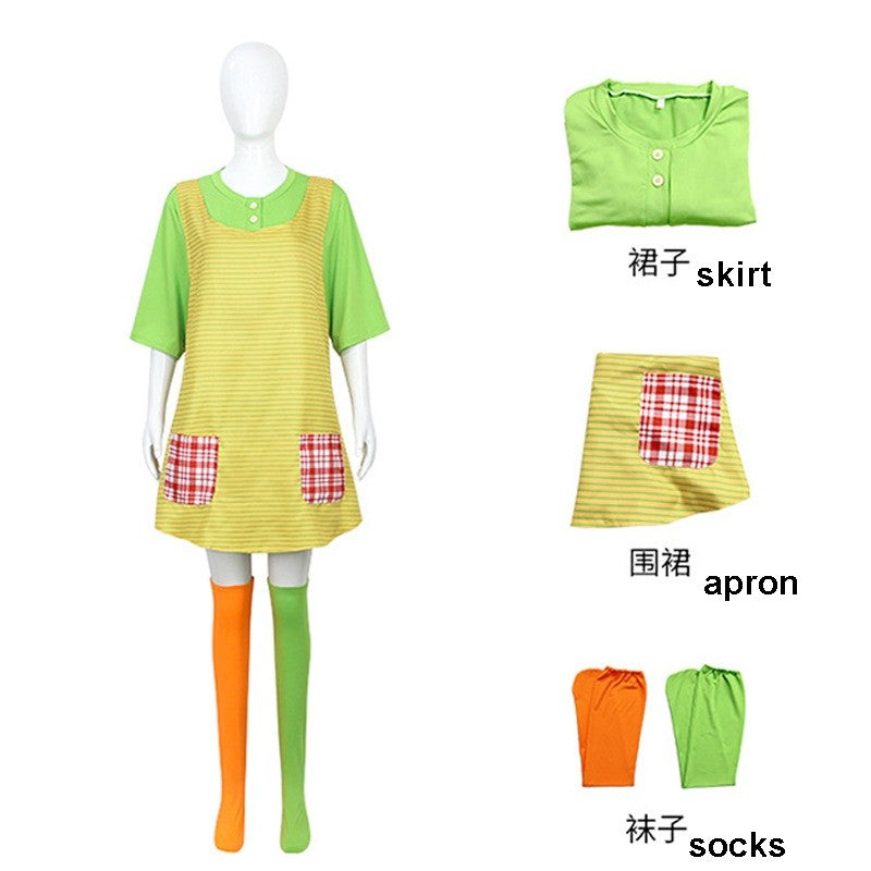Pippi Longstocking Cosplay Costume Full Set Green T-Shirt Apron Colorful Stockings Halloween Book Character Outfit