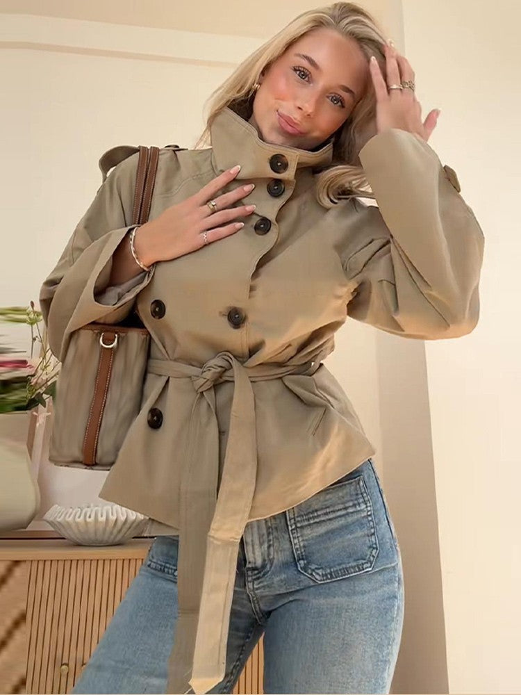 Belted Waist Cropped Trench Double Breasted Stand Collar 2025 Autumn Chic Elegant Women Coat Casual Vintage Office Lady Jacket