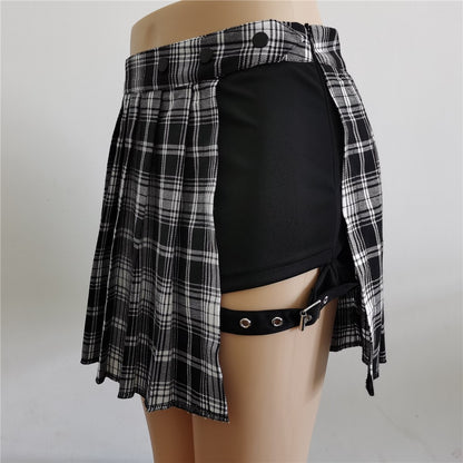 Pleated Girls Gothic Half Skirts Summer Harajuku Punk Style Plaid Irregular Skirts Women Asymmetrical High Waist Black Skirts