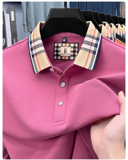 Luxury brand long sleeve polo shirt men comfortable casual autumn item silk cotton high-end Korean fashion plaid lapel T-shirt