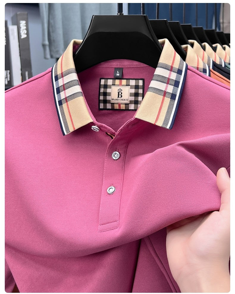 Luxury brand long sleeve polo shirt men comfortable casual autumn item silk cotton high-end Korean fashion plaid lapel T-shirt