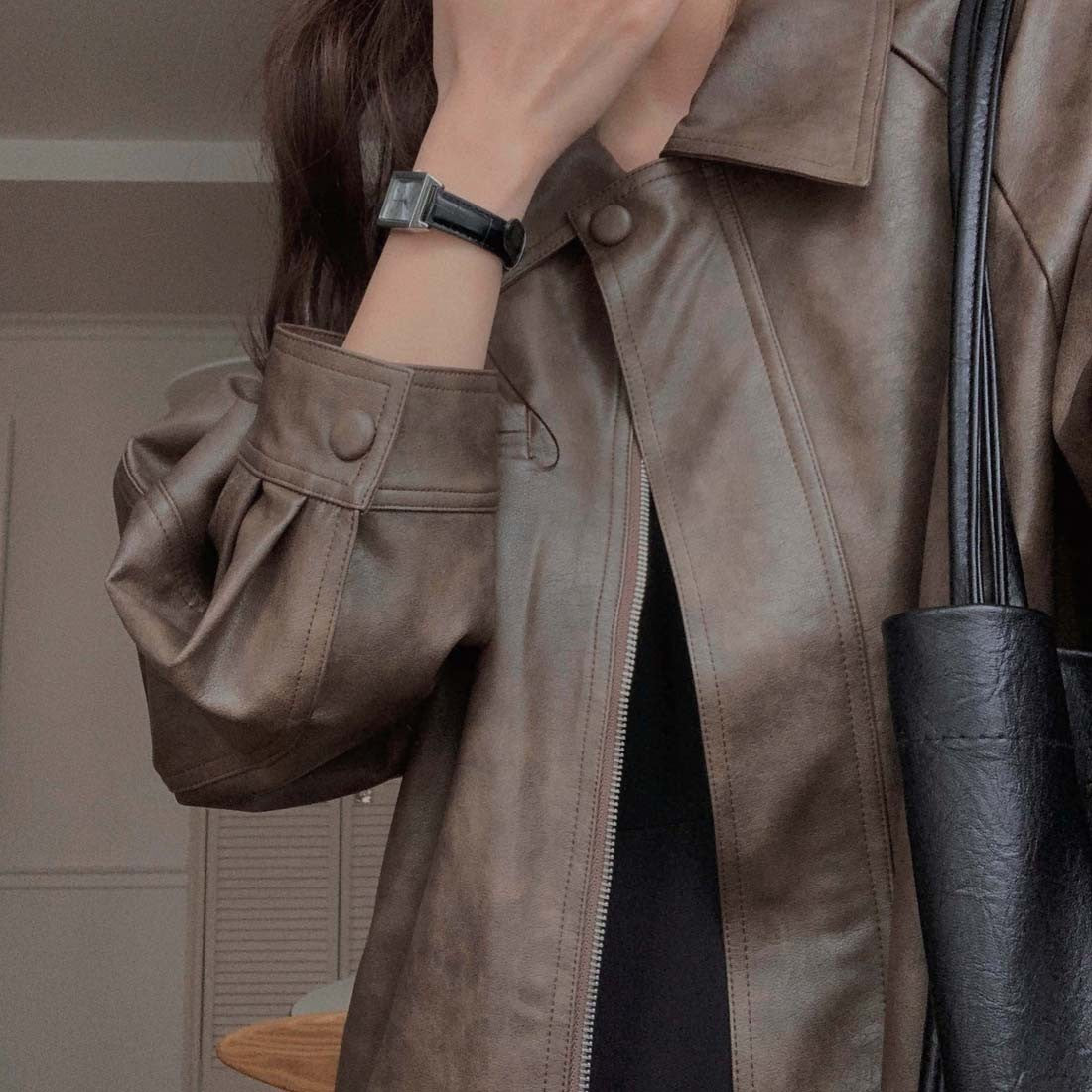 Sli Loose PU Leather Jaet Women's Chic Retro Collar Versatile BF Sle Motorcycle Clothes Trendy Long Sve Zipper