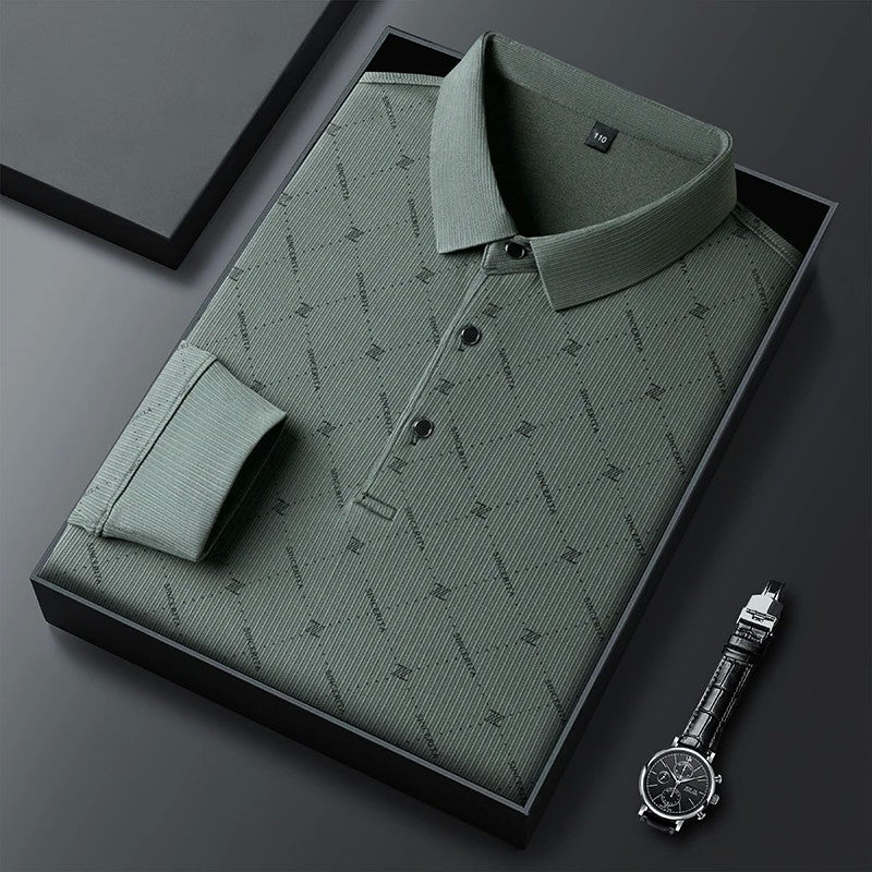 New Men's Business Casual Long Sleeved Shirt with Badge Solid Color Polo Shirt Fashionable Breathable Comfortable Versatile Top