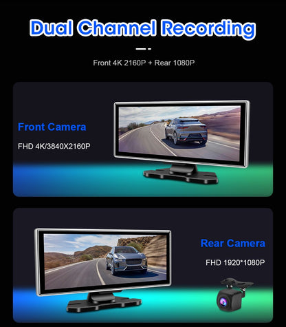 Câmera veicular 4K de 10/11,26 polegadas DVR automotivo sem fio Carplay e Android Auto Navegação GPS Gravador de vídeo Painel de controle Lente dupla Wi-Fi FM AUX