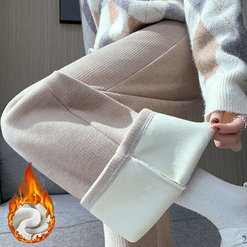 Winter Lady High Waisted Fleece Pants Girls Warm Thermal Straight Leg Trousers Female Classic Solid Drawstring Pants