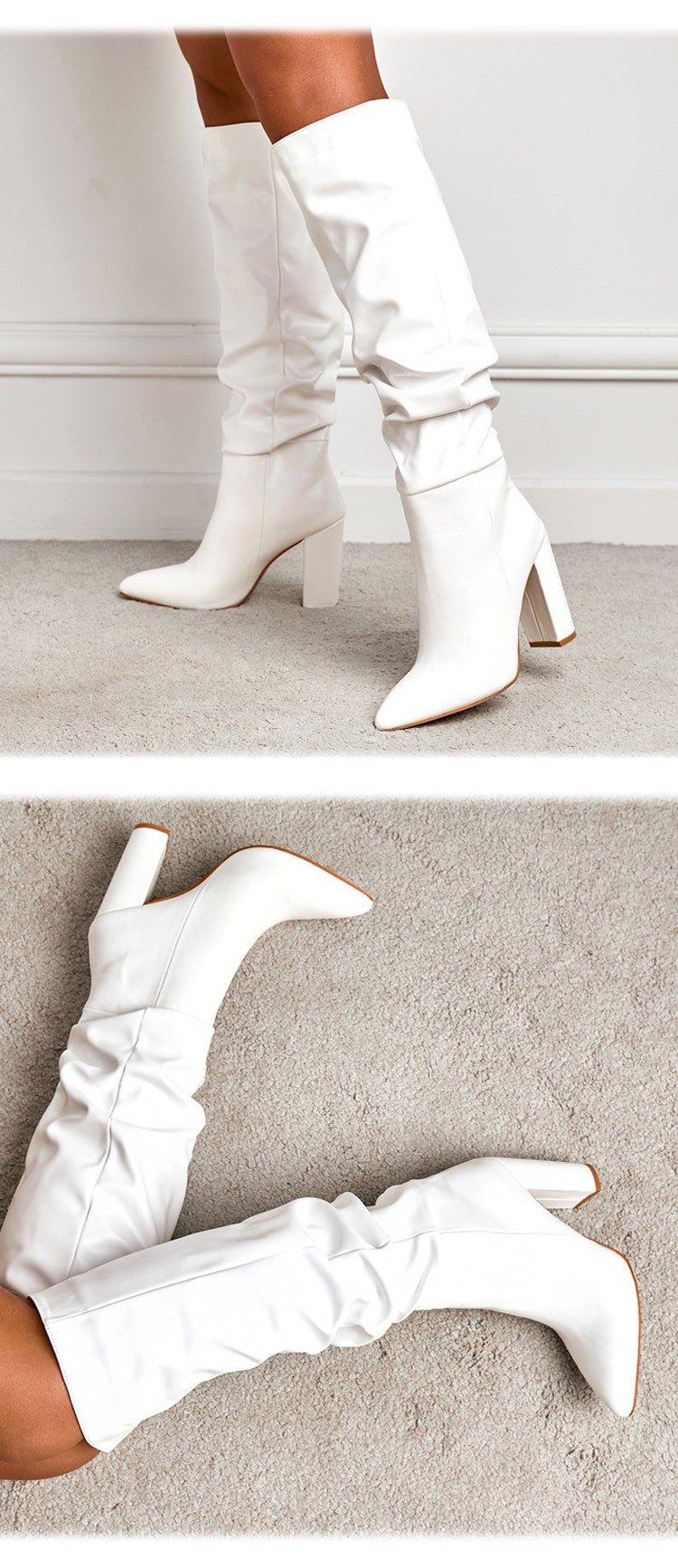 Fashion Pleated Women Knee High Boots Sexy Pointed Toe Square Heels Ladies Long Female White Black Shoes size 35-42