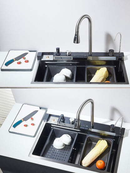 Large 304 Kitchen Sinks 75x45cm Stainless Steel Kitchen Waterfall Sink Digital Display Large Single Sink Dish Washer Faucet