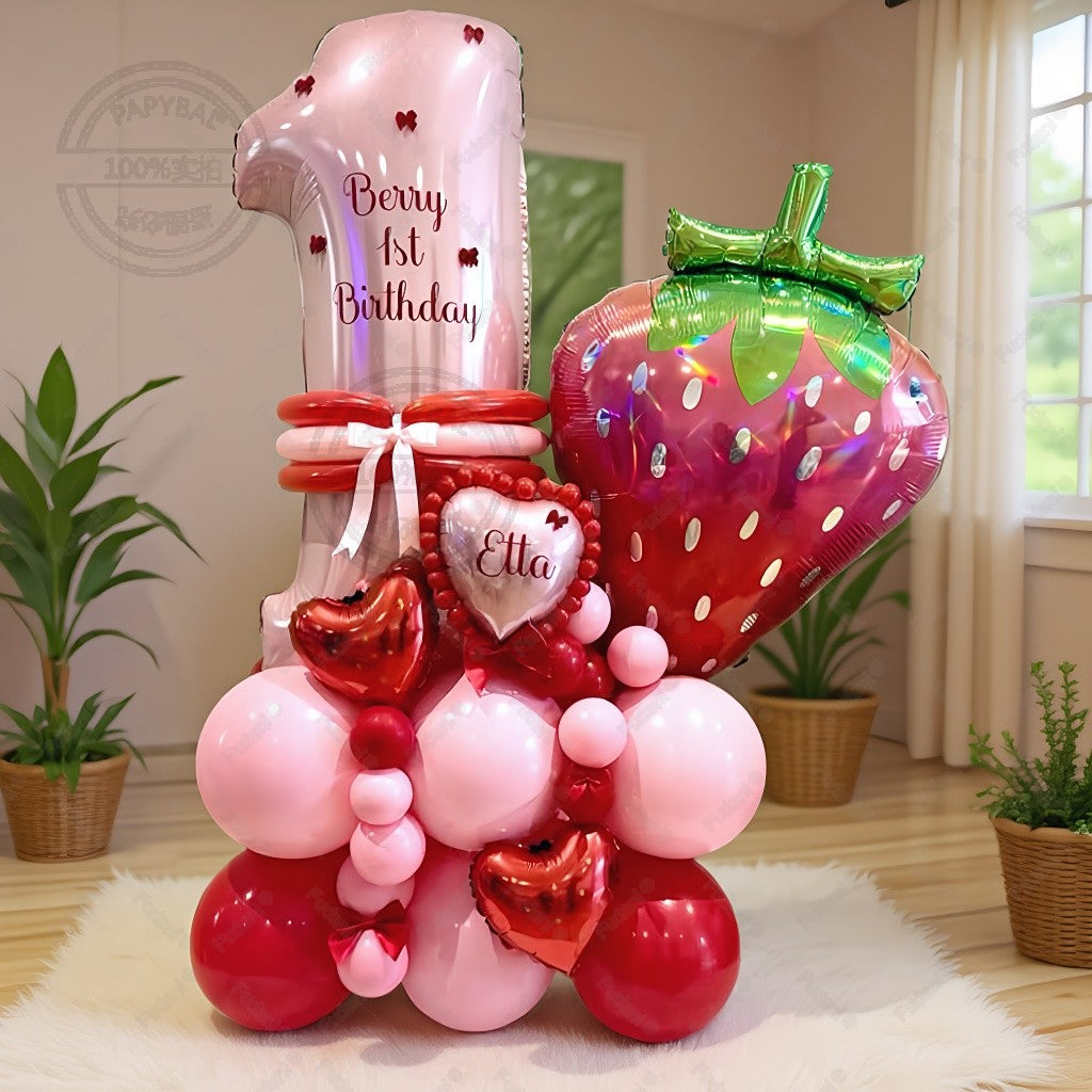 38pcs Strawberry Balloon Pink Number Birthday Balloon Set Fruit Theme Party Decoration Festival Balloon Photography Props