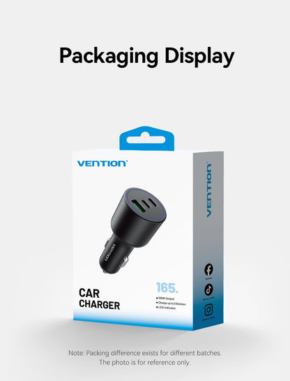 Carregador Veicular Vention 165W USB C 12V 3 Portas PPS PD 45W para Samsung S25 iPhone 17 16 Macbook PD QC3.0 Adaptador de Carregamento Rápido 100W