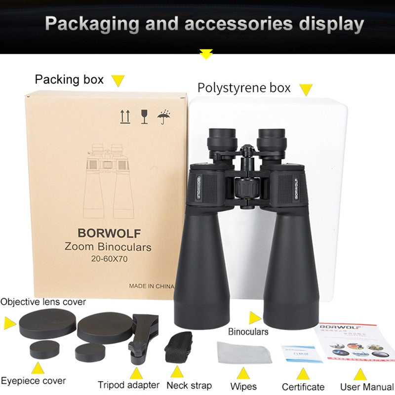 BORWOLF 20-60X70 Binóculos de Alta Ampliação Longo Alcance Zoom 60 Vezes Caça Telescópio Astronômico Profissional HD Zoom