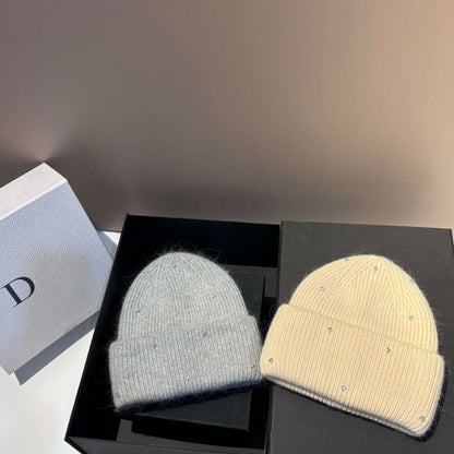 Rhinestone Decor Rabbit Fur Knitted Hat Warm Ear Flap Beanie for Women Luxury Soft Slouchy Cap Face Slimming Design