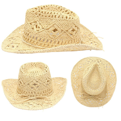 Chapéu de Sol Boêmio de Verão com Conchas, Chapéu de Cowboy Feminino e Masculino Dobrável Vazado de Palha com Aba Larga para Férias