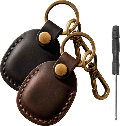 2/1 Pack Genuine Leather AirTag Keychain Holder . Secure Key Chain Case for Pet Collar Luggage Bag Full Cover Protective Keyring