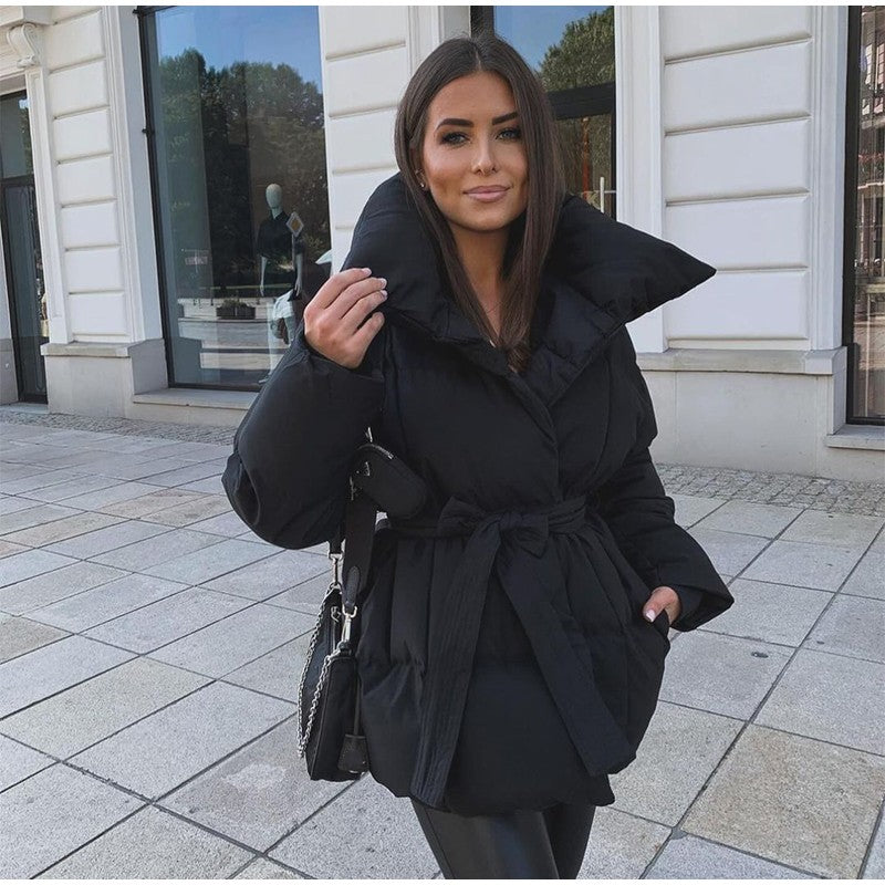 Solid Lapel Lace Up Cotton Coat Women Fashion Long Sleeve Warm Loose Pocket Short Coats Lady New Winter Commute Street Outwears