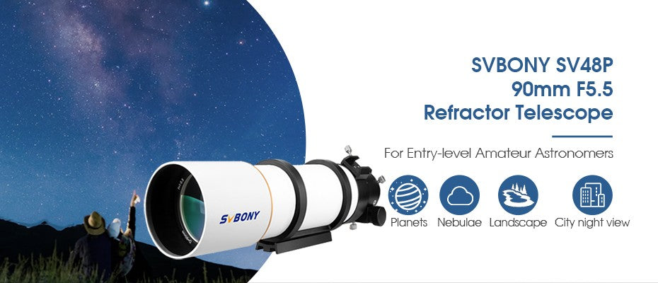 Telescópio Astronômico Refrator Svbony SV48P 90/102mm Abertura OTA com Focador de Duas Velocidades para Astrofotografia de Céu Profundo