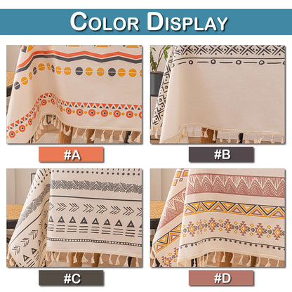 Vintage Boho Tassel Table Cloth Waterproof Cotton Linen Bohemian Tablecloth Patio Outdoor Wrinkle Free Table Protector Covers