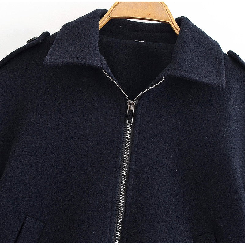 Woolen Zipper Loose Short Jacket Women Long Sleeve Lapel Solid 2025 Autumn Winter Commute Coat Street Office Warm Ladies Outwear