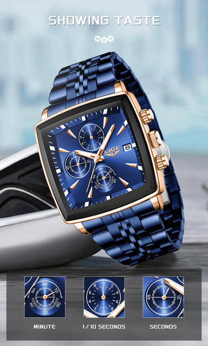 LIGE Top Brand Luxury Mens Watches Fashion Military Square Chronograph Quartz Wristwatches For Men Sports Waterproof Watch Men