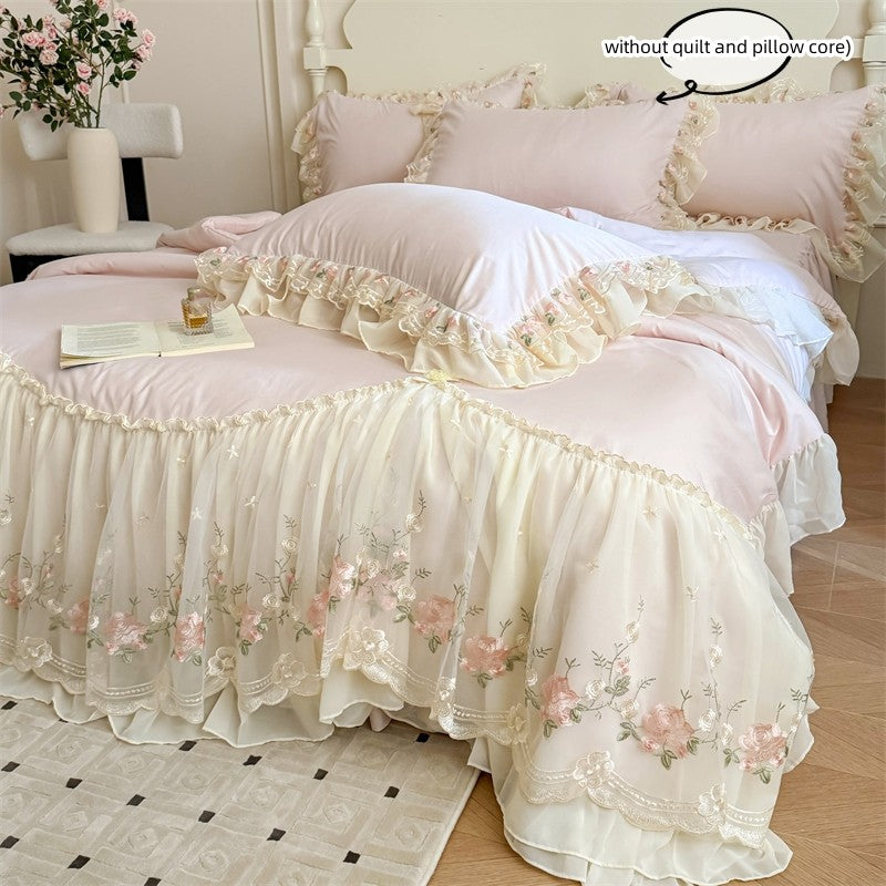 3pcs Korean style Duvet Cover Set (1*Duvet Cover + 2*Pillowcase, Without Core), Lace embroidery Bedding Set