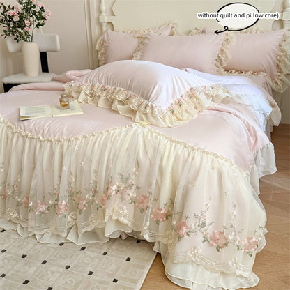 3pcs Korean style Duvet Cover Set (1*Duvet Cover + 2*Pillowcase, Without Core), Lace embroidery Bedding Set