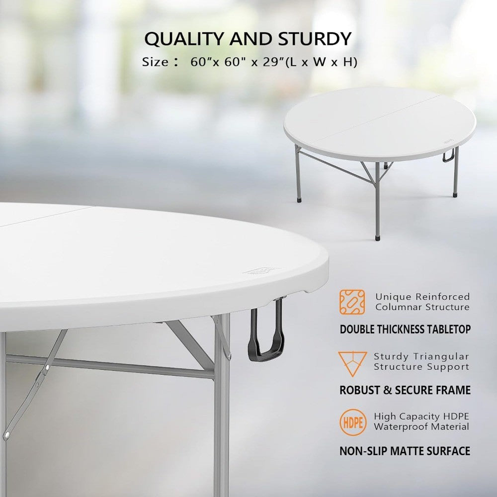 White 48 Round Bi-Folding Commercial Table, 4 Feet Portable Plastic Dining Card Table for Kitchen or Outdoor Party Weddin