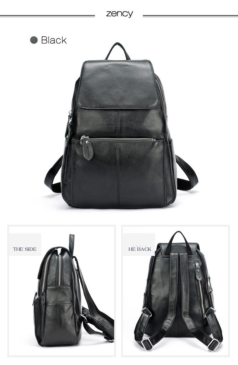 Zency Mochila Feminina Elegante Preta Branca Couro Genuíno Qualidade A++ Antifurto Grande Capacidade Mochila de Viagem Designer