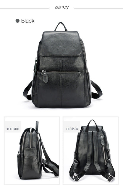 Zency Mochila Feminina Elegante Preta Branca Couro Genuíno Qualidade A++ Antifurto Grande Capacidade Mochila de Viagem Designer