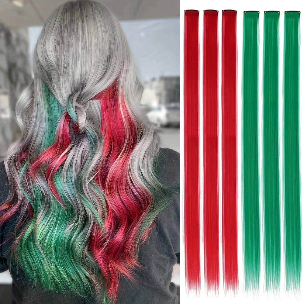 6 Pcs Clip Extensions, 24 Inch Colored Hair Extensions Party Highlights Long Straight Synthetic Hairpieces for Women Kids Girl