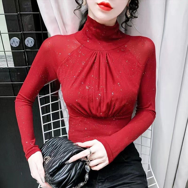 Korean fashion Women Mesh top High neck Sexy Black bottoming t shirt Casual Bright silk Lady shirt Blusa