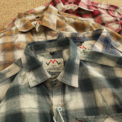 Autumn New Japanese Retro Long-Sleeve Lapel Plaid Cargo Shirt Men's Simple 100% Cotton Washed Pocket Casual Blouses Thin Coat