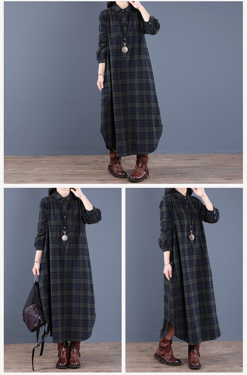 Spring And Autumn New Women's Fashion Loose Splicing Plaid Collar Button Long Sleeve Dress Medium Length Shirt Maxi Dresses 2026