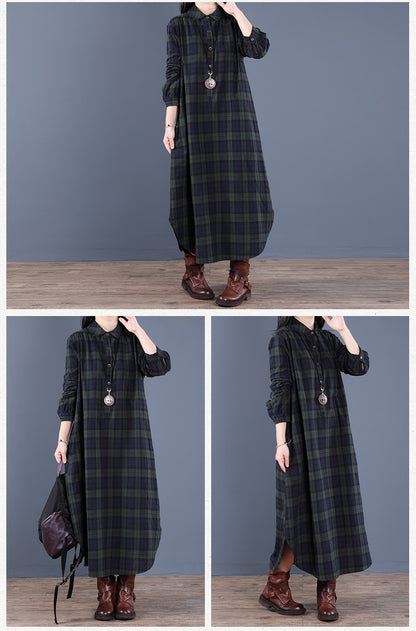 Spring And Autumn New Women's Fashion Loose Splicing Plaid Collar Button Long Sleeve Dress Medium Length Shirt Maxi Dresses 2026